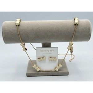 Kate Spade Cream & Gold Take A Bow Long Scatter Necklace &Stud Earring Set White